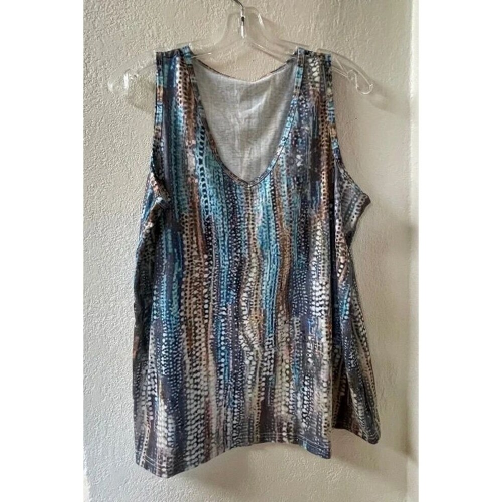 Blue Brown Abstract Print V-Neck Tank Top Sleeveless Women's XL